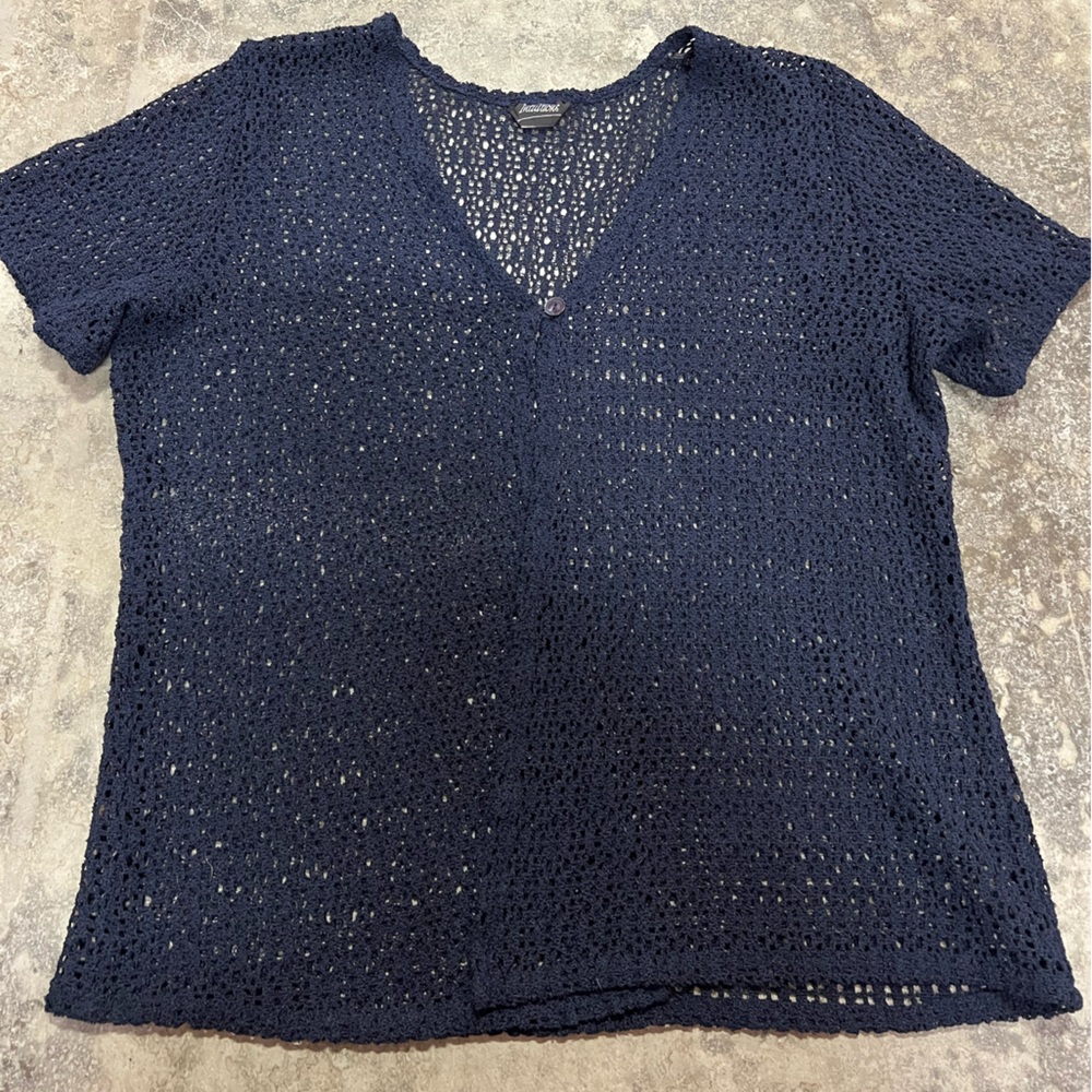 Navy Crochet Short Sleeve 1 Button Cardigan